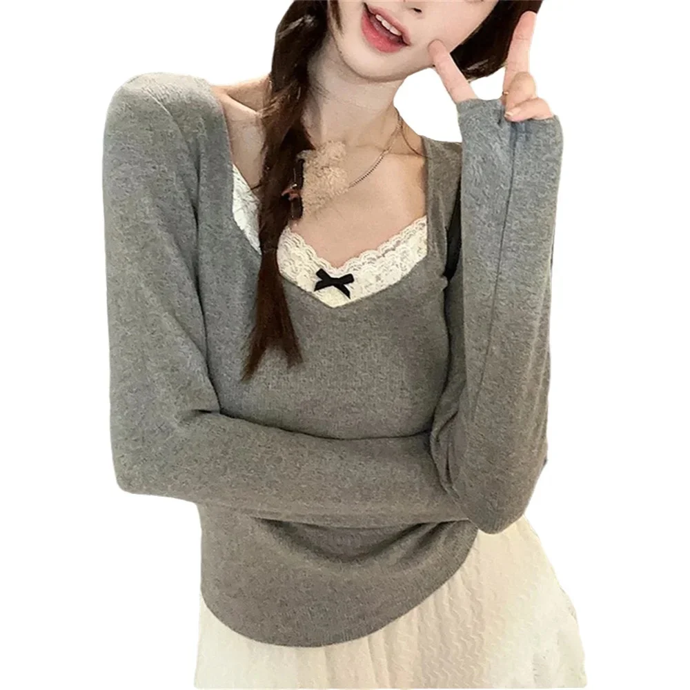 

Новинка 2025 года, женские футболки с длинными рукавами, кружевные лоскутные футболки с бантом, милые тонкие однотонные футболки для девочек, осень-зима, универсальный дизайн, простой