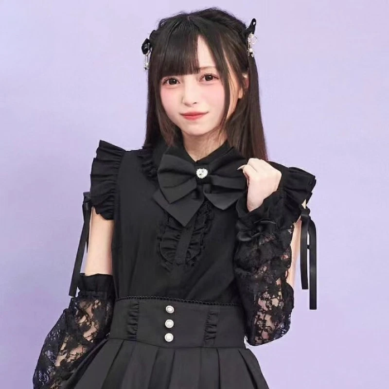 Japanese SC New Lolita Blouse Mass-produced Short-sleeved Bow Fly-sleeved Lace Sleeves Shirt Black Top Single-breasted Blusas
