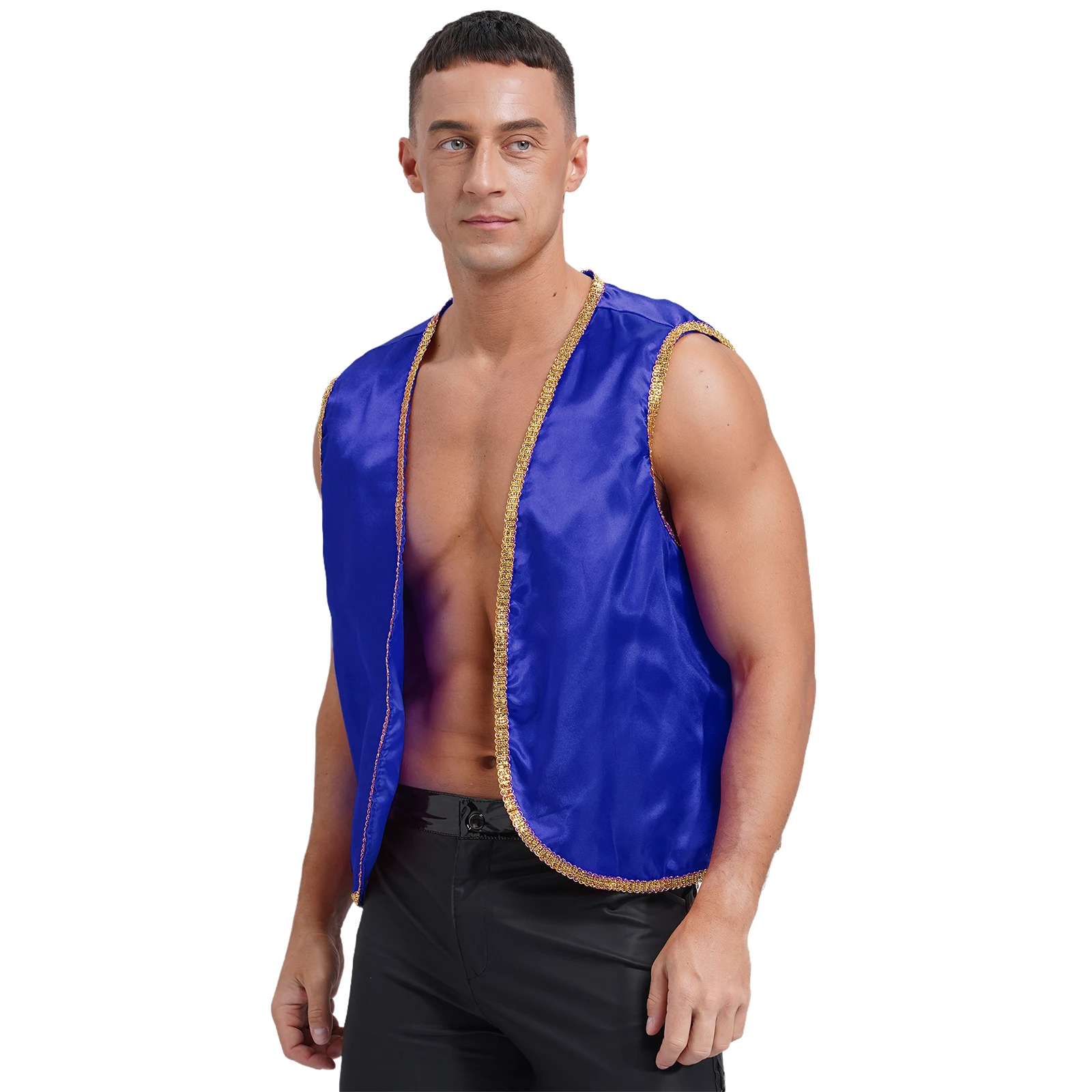 Mens Halloween Arabian Prince Cosplay Costume Stain Vest Shiny Gold Trim Waistcoat Cardigan Theme Party Indian Role Play Clothes