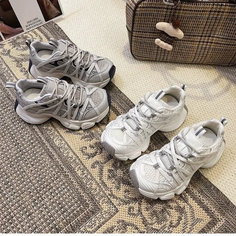 Mesh Chunky Dad Sneakers,Lace‑Up Contrast Color Height Increasing Shoes,Non‑Slip Thick Sole Breathable Daily Sporty Casual Shoes