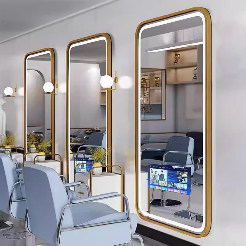 

Hot Selling Modern Salon Furniture Barber Shop Special Aluminium Wall Mirror With LED Lights And TV Hairdressing Equipment
