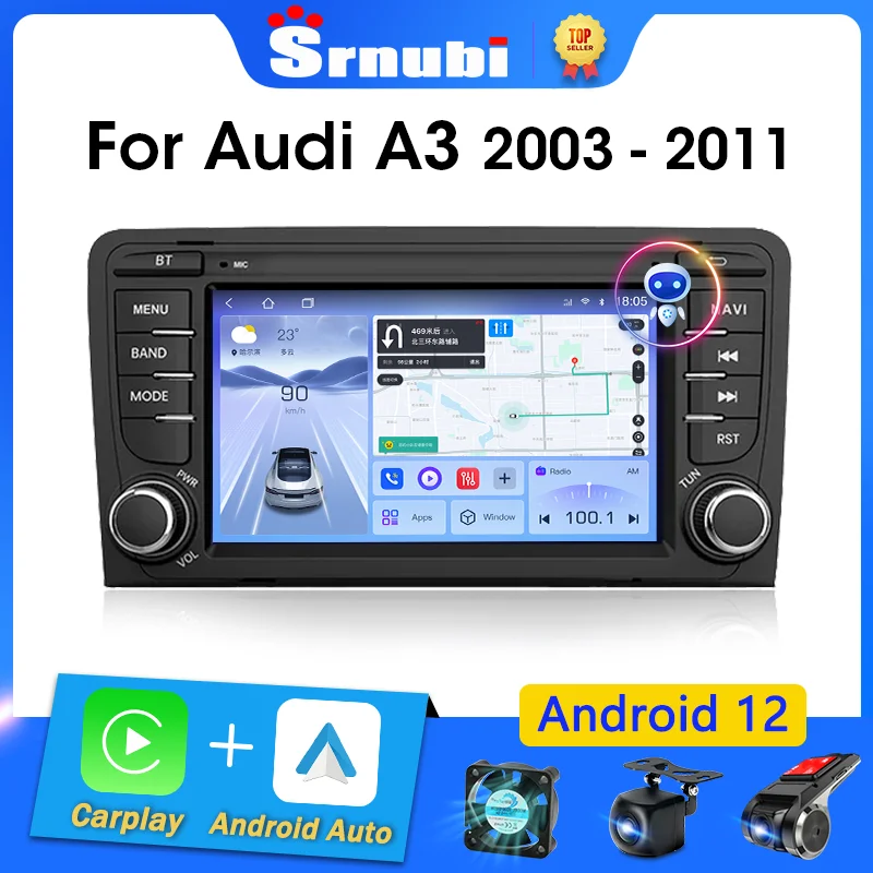 Srnubi Android 12 Carplay Car Radio for Audi A3 8P 2003 - 2011 S3 RS3 Sportback Multimedia Player 2 Din RDS GPS 4G Autoradio DVD