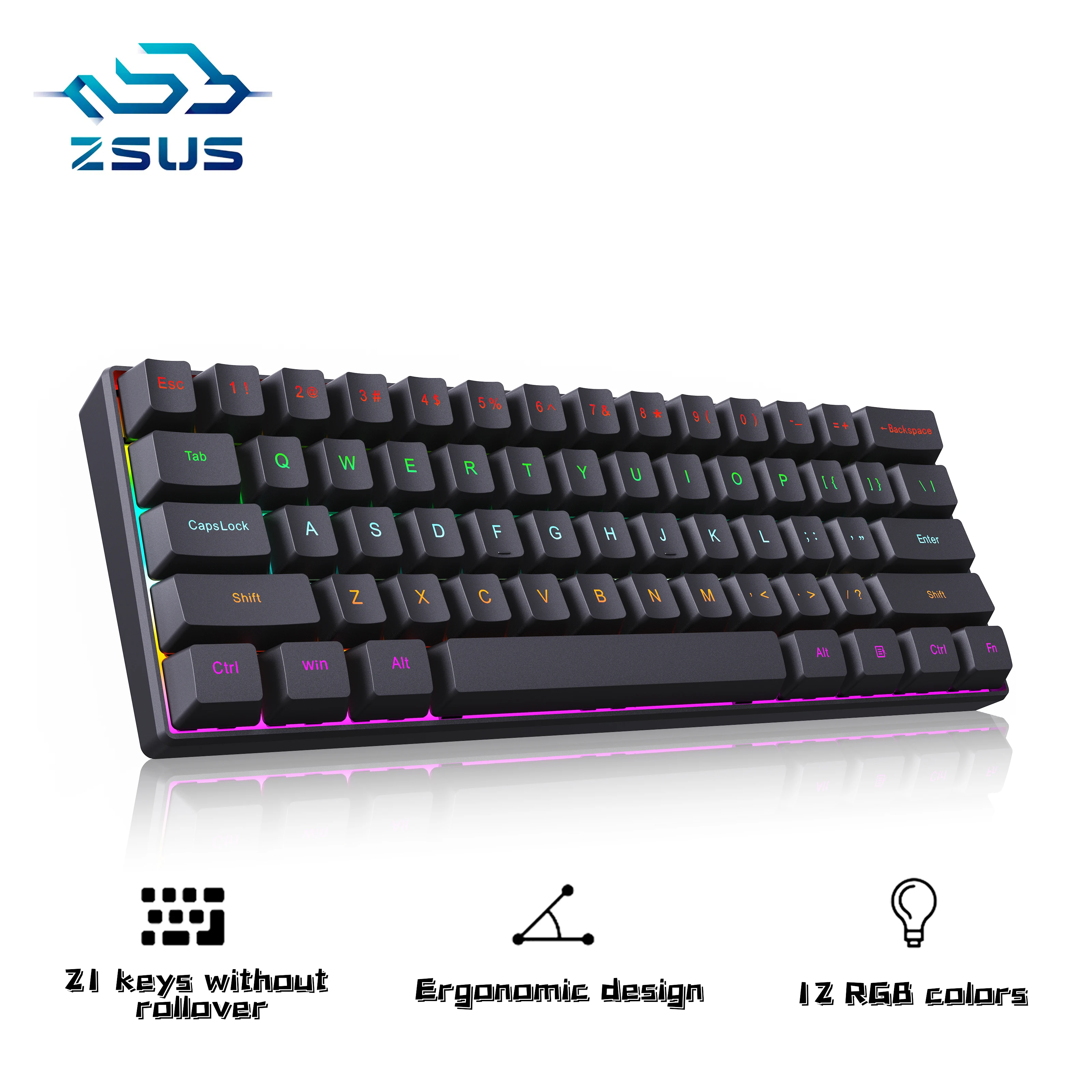 ZSUS Z61-B USB Gaming Mechanical Mini Keyboard Red Switch RGB Backlit 61 Keys Wired Feel for Game/Office