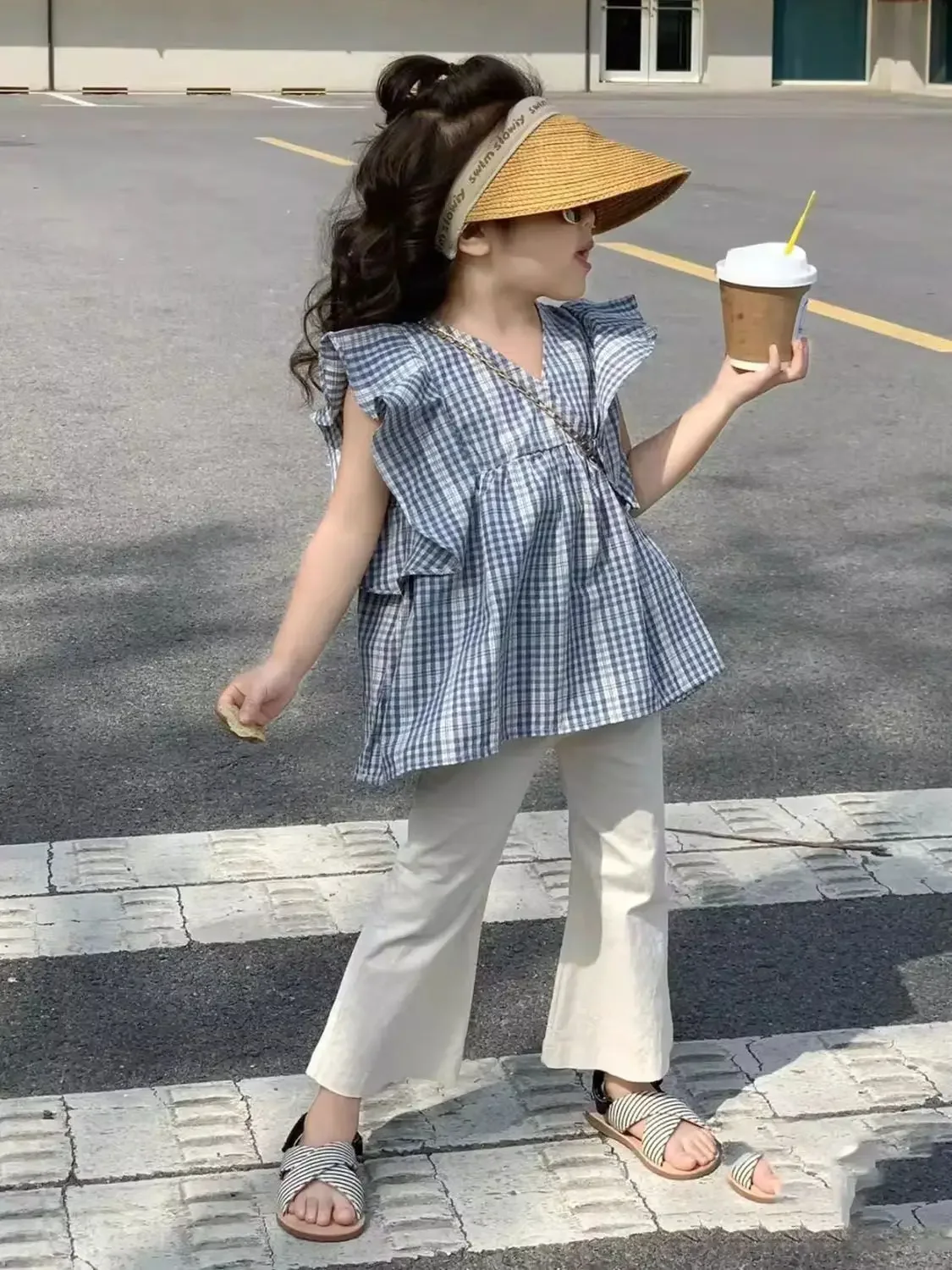 

Children's Clothing 2025 Summer New Blue Checkered Ruffle Edge Shirt Girls' Little Fly Sleeve Shirt