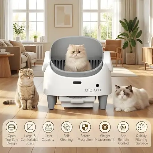 Self-Cleaning Automatic Cat Litter Box for Multiple Cats – Open Top, Adjustable Entry Height, 15-Layer Safety