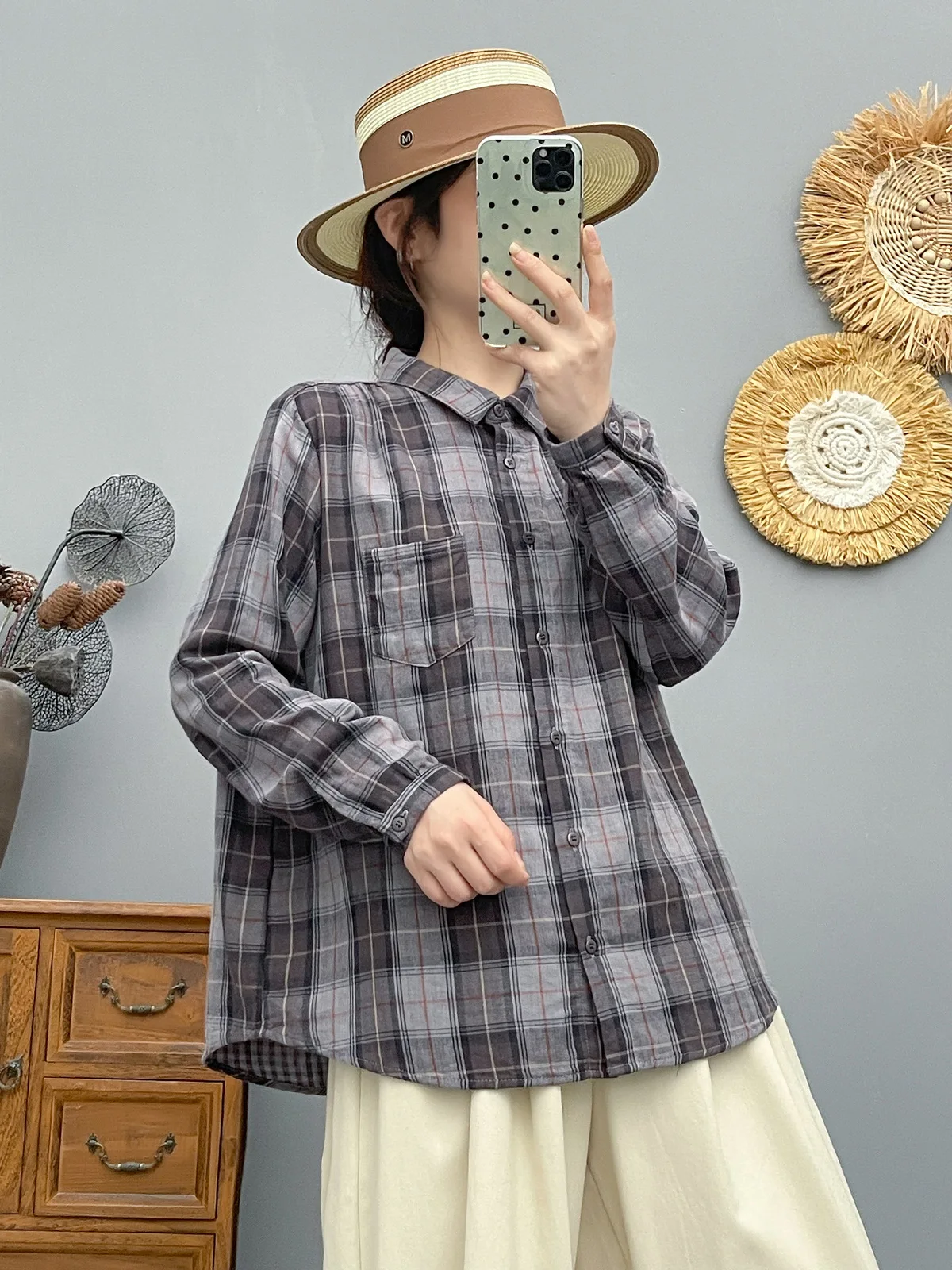 Enianechu Youth Women's Blouses 100% Cotton Vintage Red Green Gray Coffee Check Shirt for Women Plaid Long Sleeve Tops 4