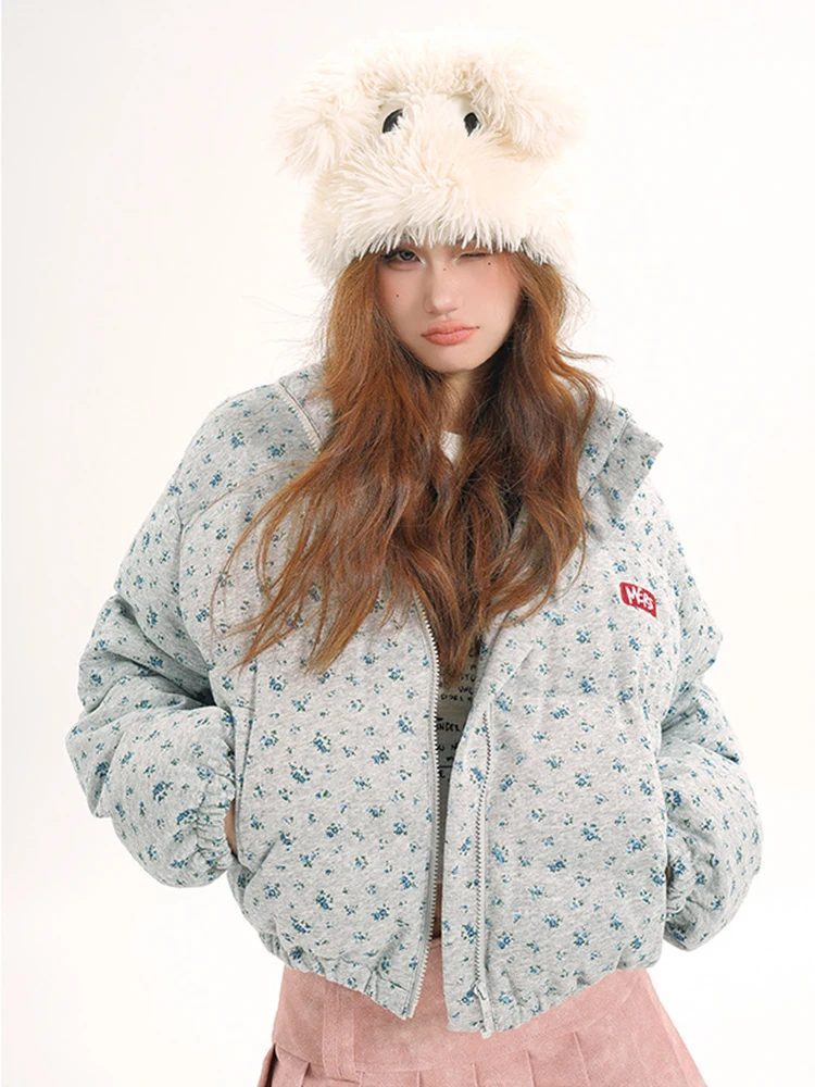

Vintage Floral Sweet Parkas Women Winter Stand Collar American Cotton Coat Loose Casual Long Sleeve Preppy Style Retro Jacket
