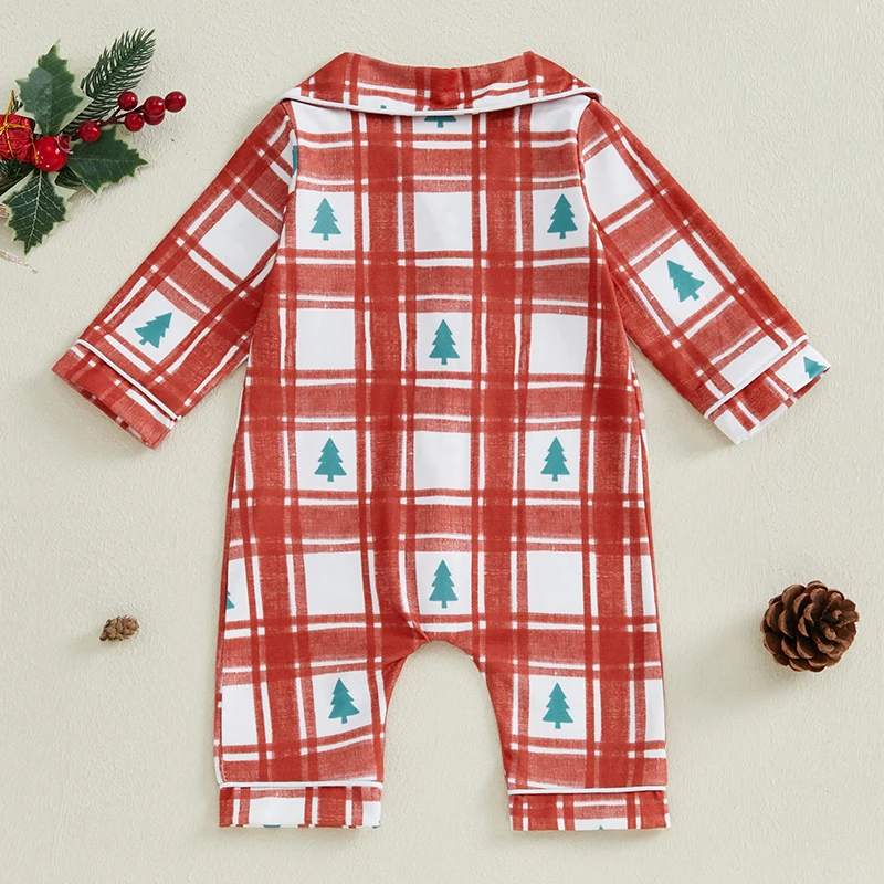 Baby Boy Girl Christmas Pajamas Long Sleeve Lapel Christmas Tree Print Plaid Jumpsuits Pajama