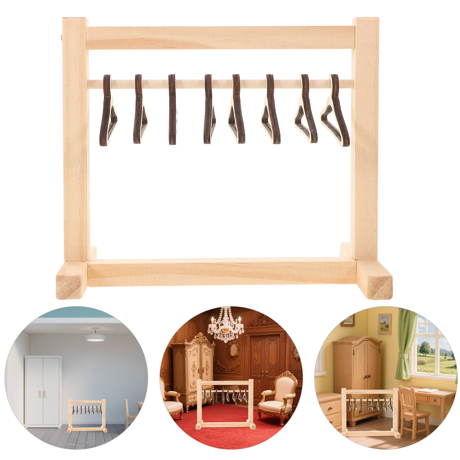 

1Set Miniature Wooden Closet Rack Wardrobe Clothes Organizer Hangers Dollhouse Storage Display Closet Hangers