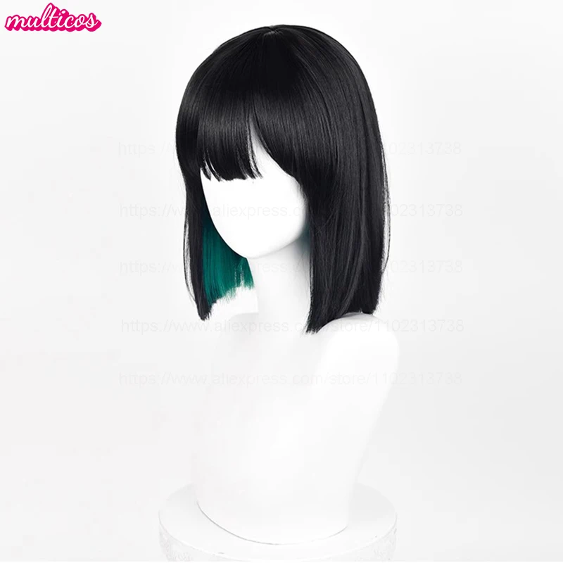 High Quality Anime Sua Cosplay Wig 30cm Black Green Mixed Bobo Heat Resistant Synthetic Hair Halloween Role Play Wigs + Wig Cap image 4
