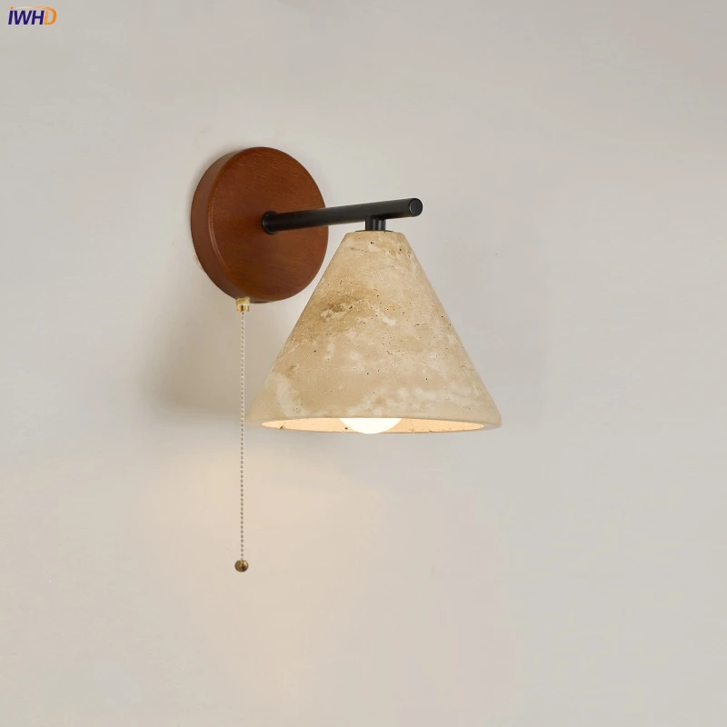 

IWHD Japan Style LED Wall Lamp Walnut Yellow Travertine Wall Light With Switch Stair Living Room Lighting Decoration Lampara