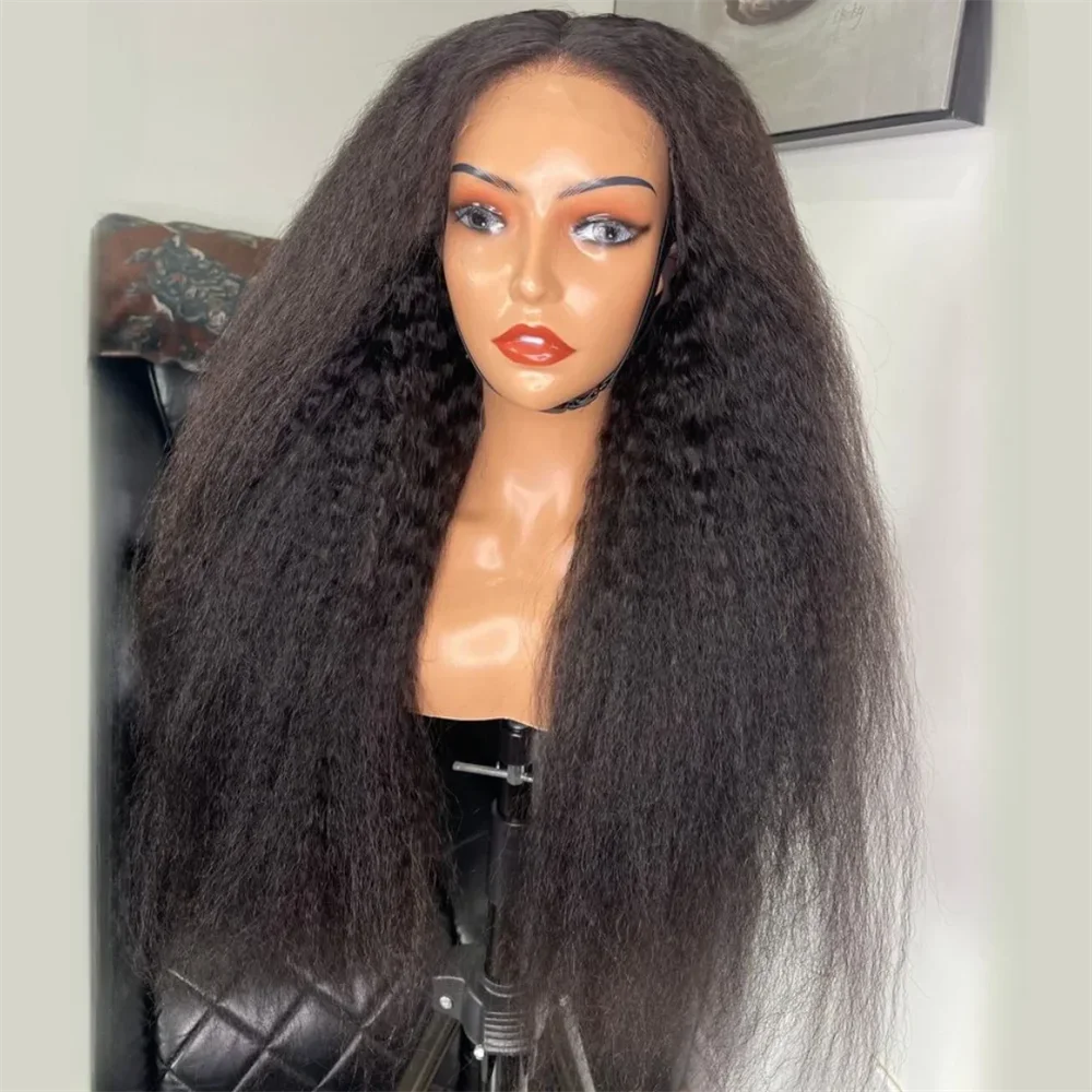 

Yaki 26 inch Soft black 180 Density Kinky straight Lace Front Wig For Women With Baby Hair Synthetic Preplucked Glueless Daily
