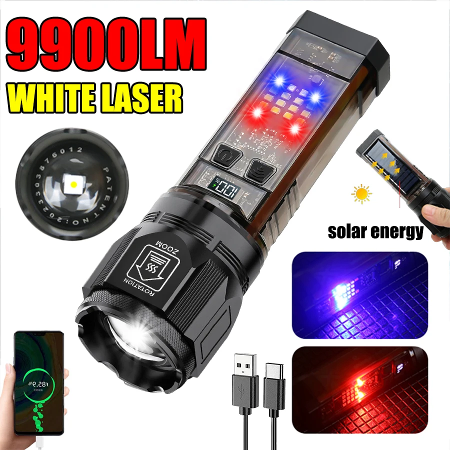 High Power White Laser Flashlight Super Bright LED Long Range Zoomable Torch Multifunctional Charging Camping Hunting Lantern