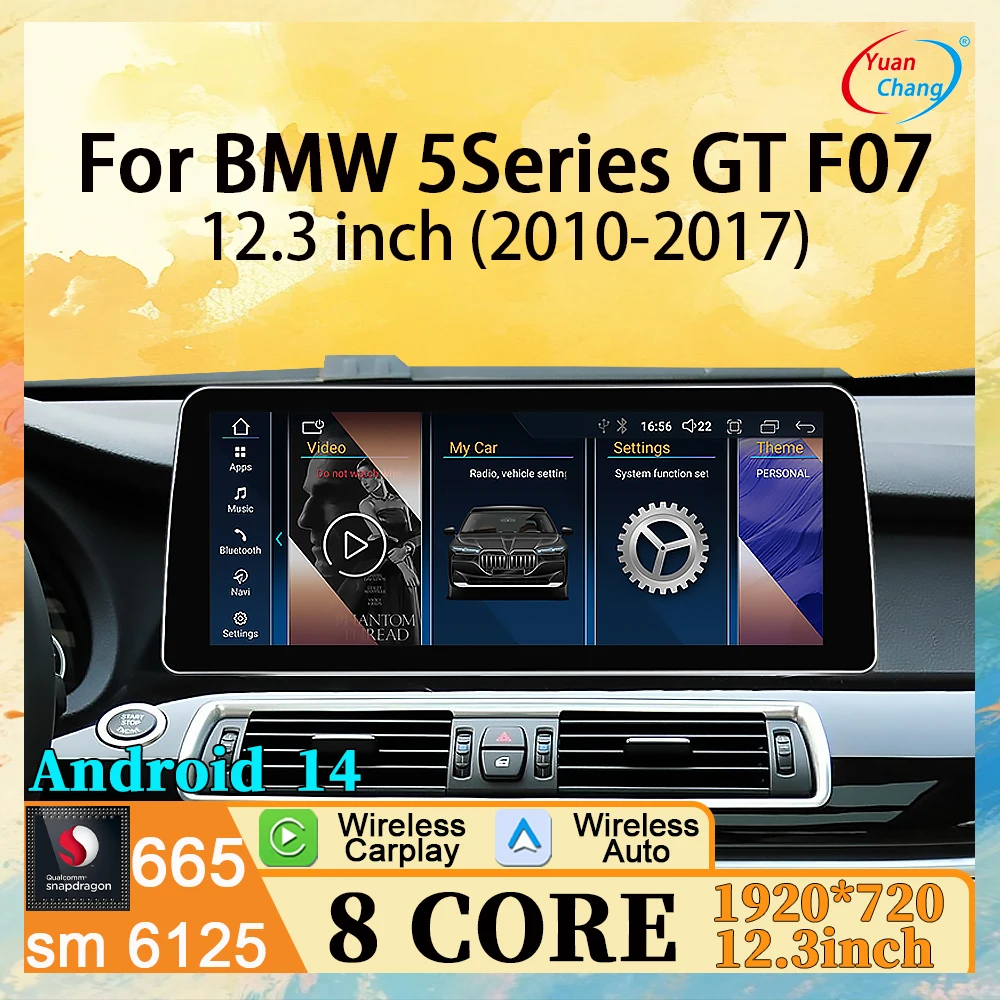 

12,3-дюймовый Android 14, беспроводной Carplay Android Auto для BMW 5 серии GT F07 2010-2017, автомобильный радиоприемник, видеоплеер, GPS-навигация, 8 + 256 ГБ