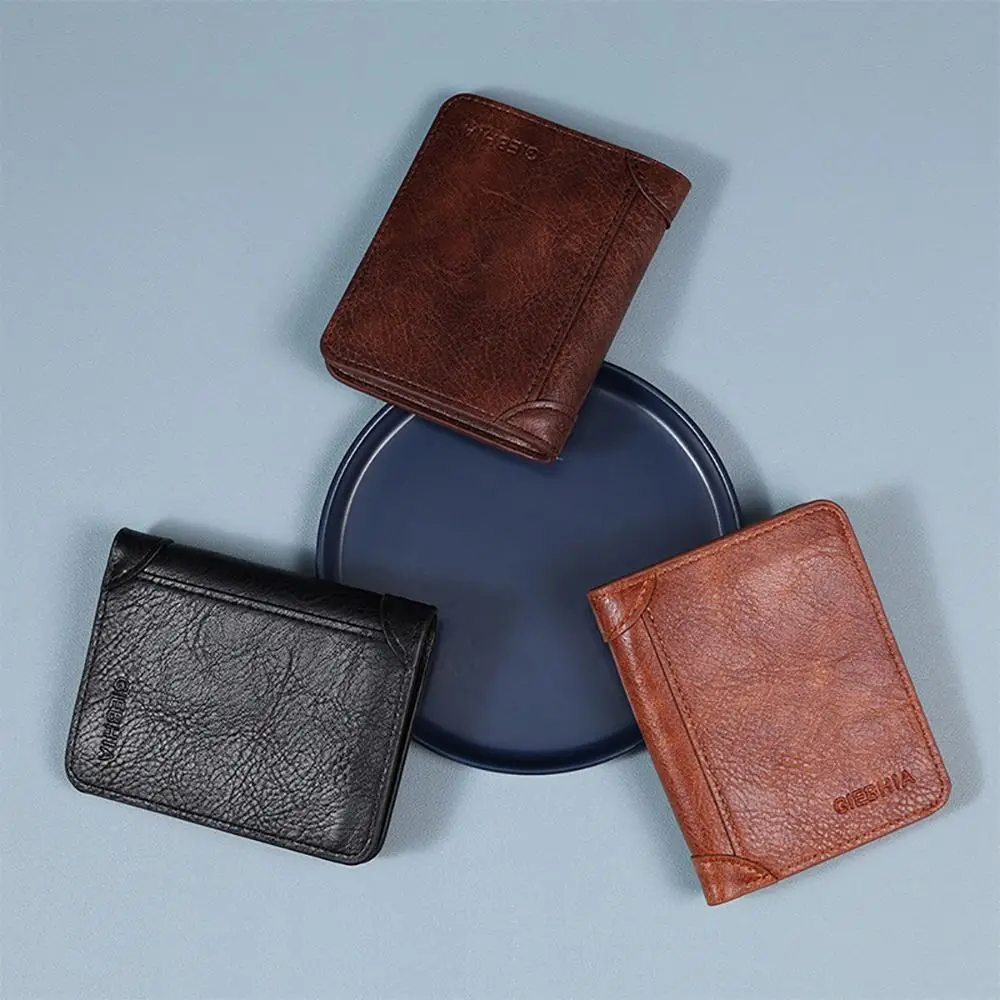 PU Leather Men Wallet Vintage Durable Thin ID Credit Card Holder Multi-functional Short Trifold Wallet Money Clips