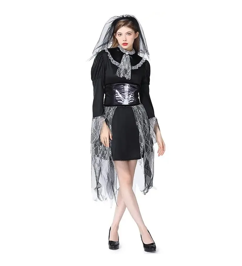 

Женское кружевное платье с изображением вампира и зомби, черный призрак невесты, костюм для косплея для взрослых, наряд для ролевых игр на Хэллоуин