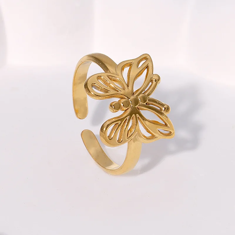 Exquisite Trendy Gold Color Stainless Steel Hollow Animal Butterfly Rings for Women Cute Romance Party Finger Jewelry Colorfast