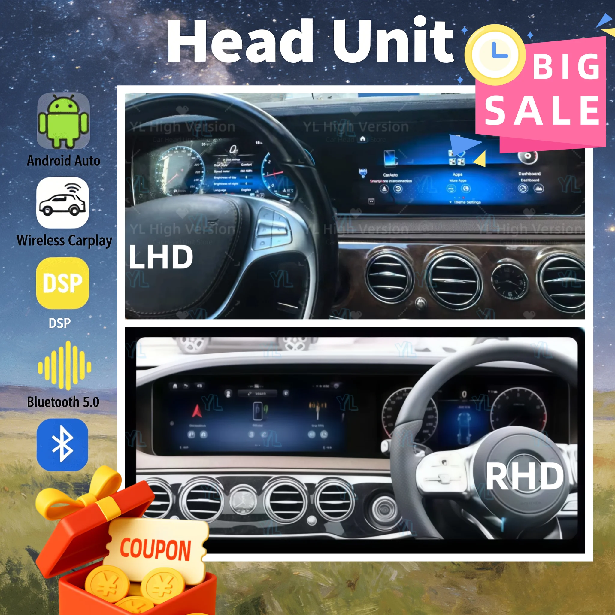 

Автомобильный мультимедийный проигрыватель Android 13 для Mercedes Benz S W222 2018-2023 с CarPlay, 12.3-дюймовым экраном и GPS-навигацией