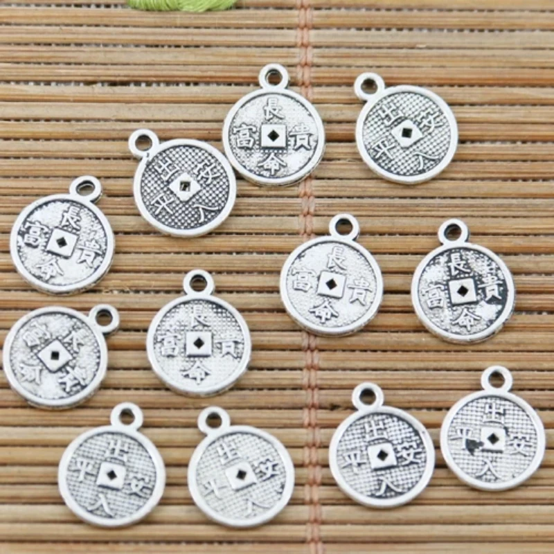 50pcs 9mm Tibetan Silver Round Health Wealth Meaning Design Charms EF2373 Charms for Jewelry Making