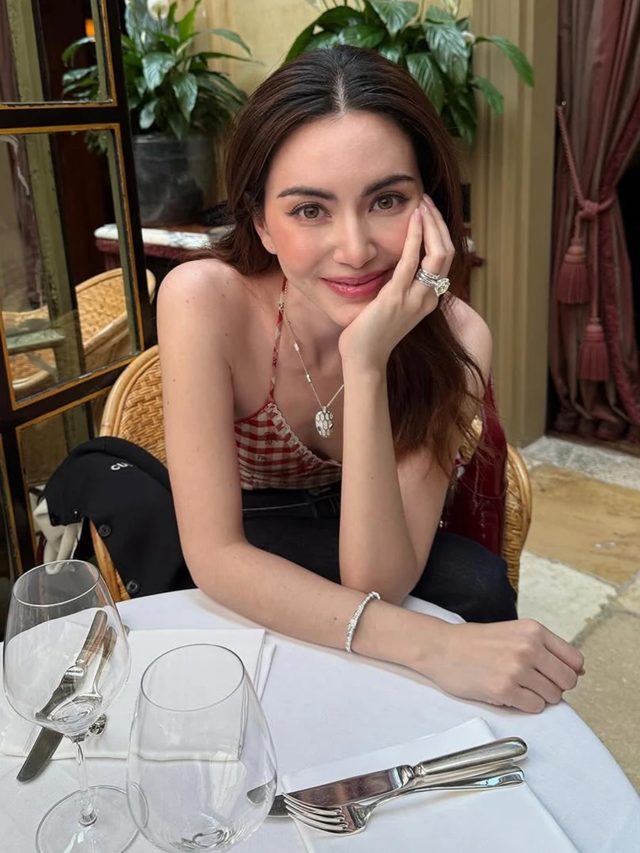 Weird Puss Street Faion Retro a cuadros chica sensación nudo colgante Ne chaleco mujeres versátil picante chica Top ort Sle impreso v-ne