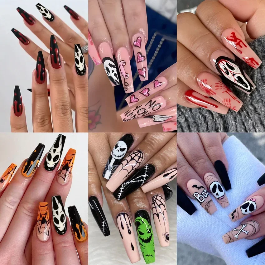 

24pcs Halloween nail art Ghost Skull Spider Black Pink Gradient Long Fake Nail Patch Spicy Girl False nails press on