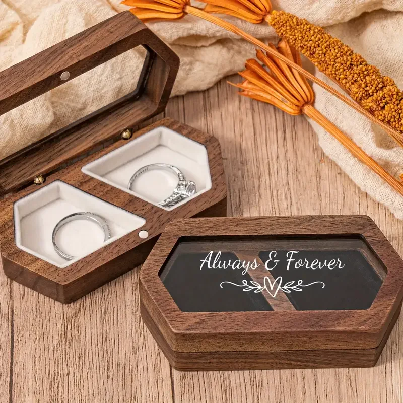 Engraved Wooden Ring Box, Double Slot, Perfect for Wedding, Proposal Rings, Romantic Gift for Wife, Jewelry, Always & Forever