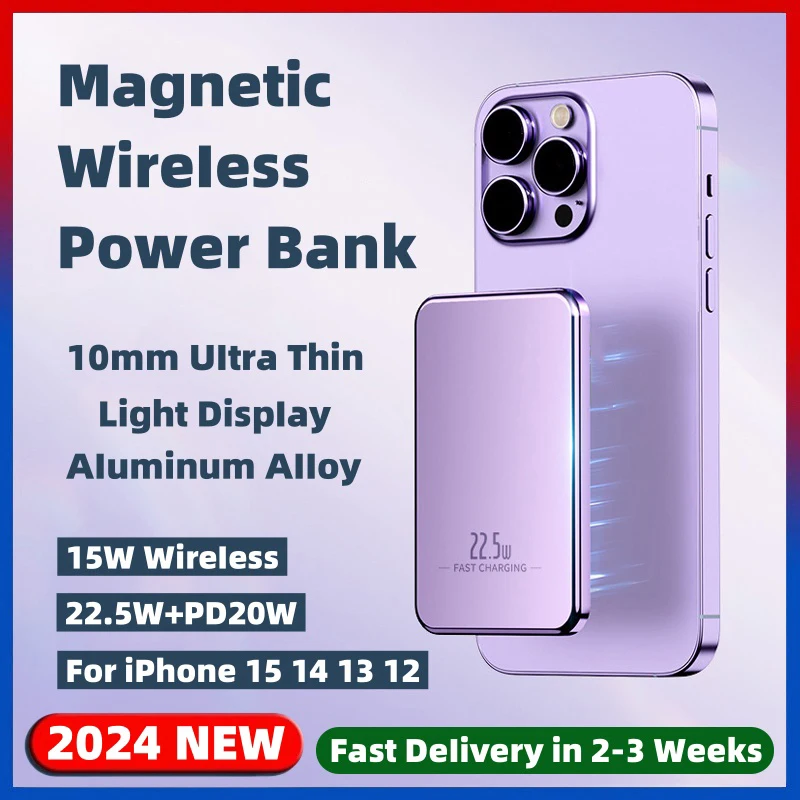 

10000mAh New Alloy Magnetic Wireless Powerbank 22.5W Fast Charger For iPhone 12 13 14 15 Pro Max External Auxiliary Battery Pack