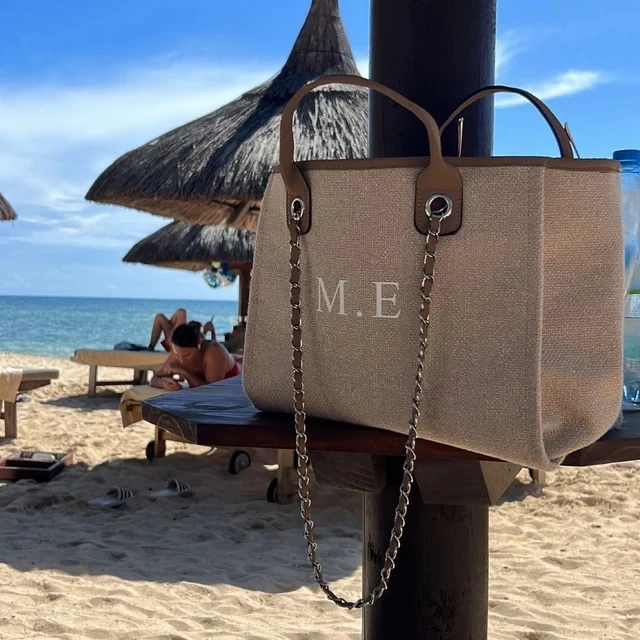 Personalised Monogram Canvas Tote Bag Bride to Be Initial Beach Handbag Wedding Gift Chain Custom bag Bridesmaid Bags Gifts