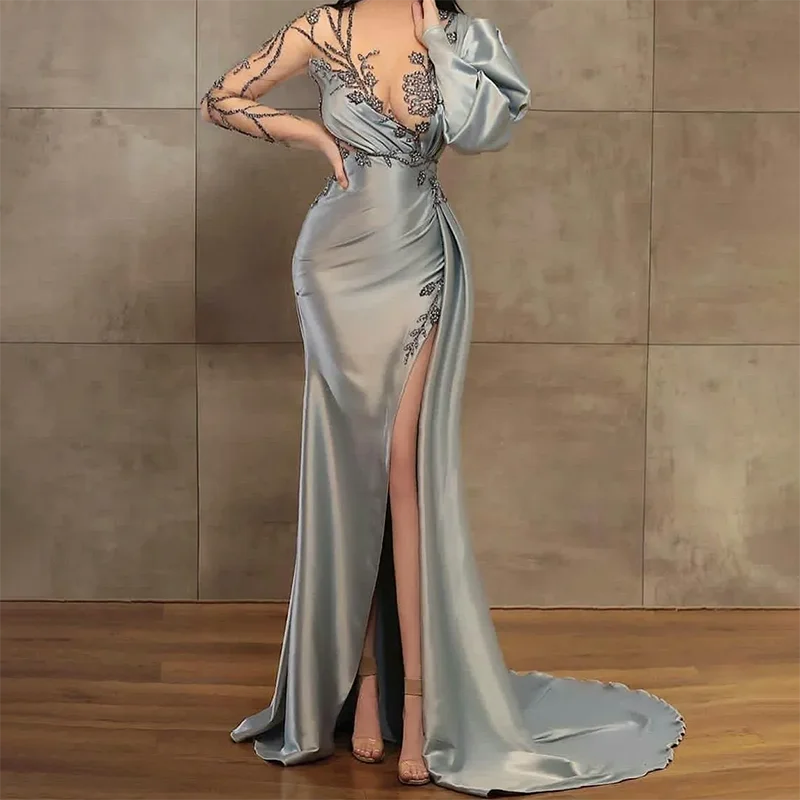 

Elegant V Neck Mermaid Satin Evening Dresses For Gala Appliques Prom Dress 2024 High Side Split vestidos para mujer Customized