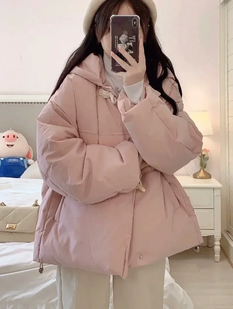 Women Pink Horn Button Hooded Parkas Autumn Winter Chic Loose Casual Hooded Puffer Jacket New Single Breasted Coats Warm Clothes