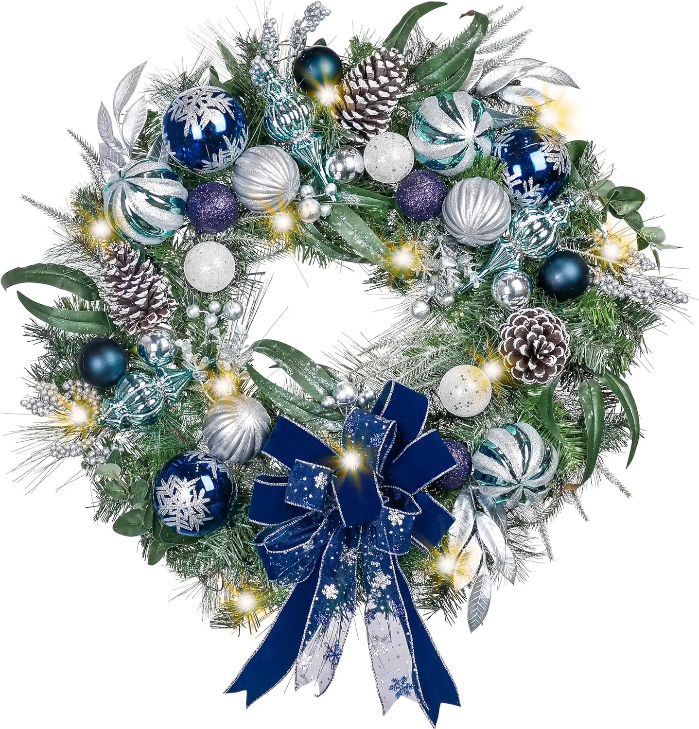 30 Inch Pre-Lit Christmas Wreath for Front Door with Lights, Large Lighted Christmas Wreath with Silver Blue Xmas Ball