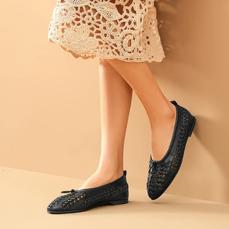 BEAUTODAY Woven Flats Women Shallow Braided Strap Ballet Solid Elastic Band Ponited Toe Summer Ladies Retro Shoes Handmade 28095