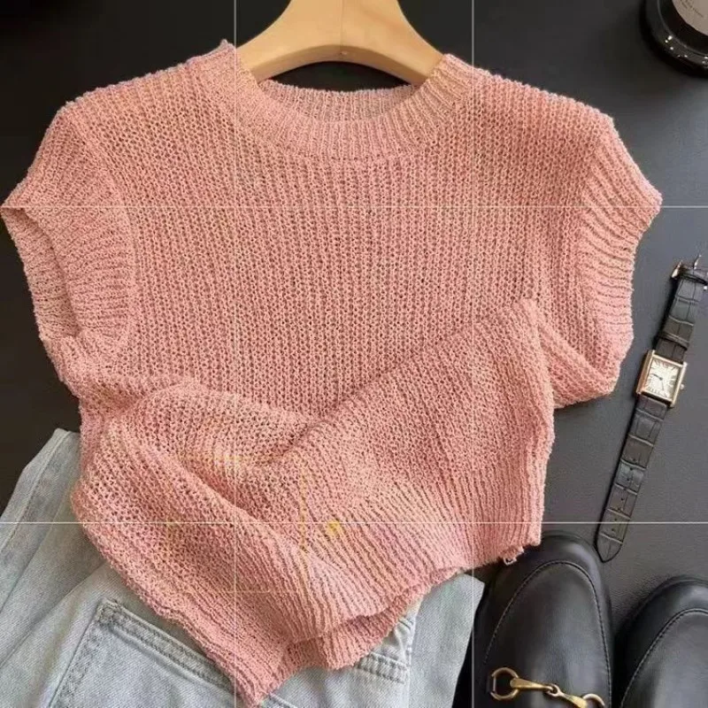 Knitted Sweater Vests Women Solid Hollow Out Slim Summer O-neck Office Lady Simple Korean Style Daily Pullover Fashion Basic