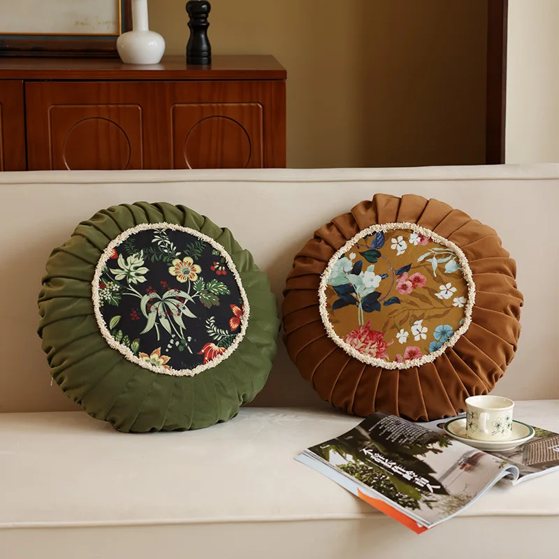 Ancient Charm Flower Patterns Round Throw Pillow Chinese Style High-End Room Sofa Cushion  Trendy Retro Velvet Headboard Pillow