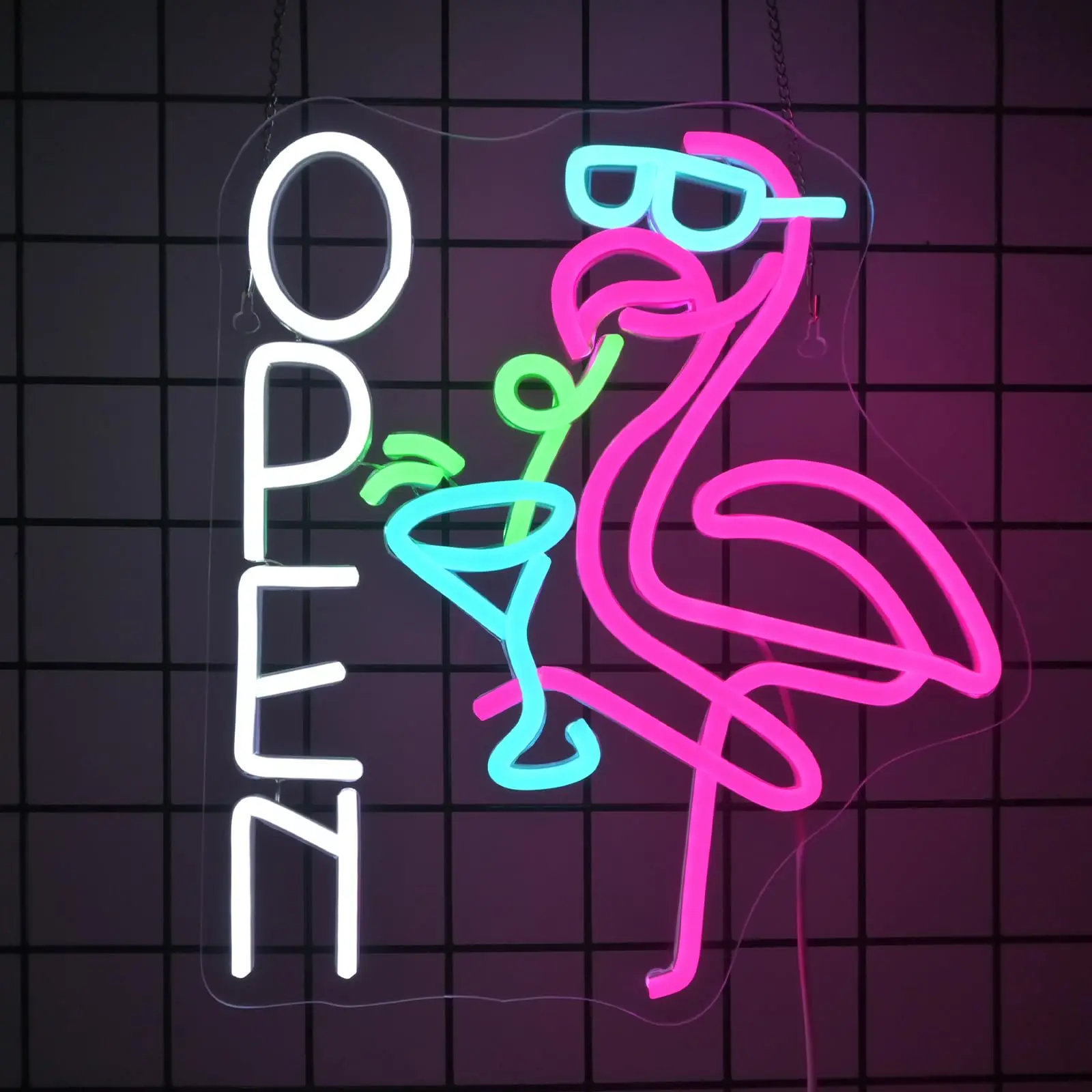 

Flamingo Cocktail OPEN Neon Sign Dimmable Tropical Vibes LED Light for Bar Party Man Cave Drink Bar Salon beach bar Summer Vibe