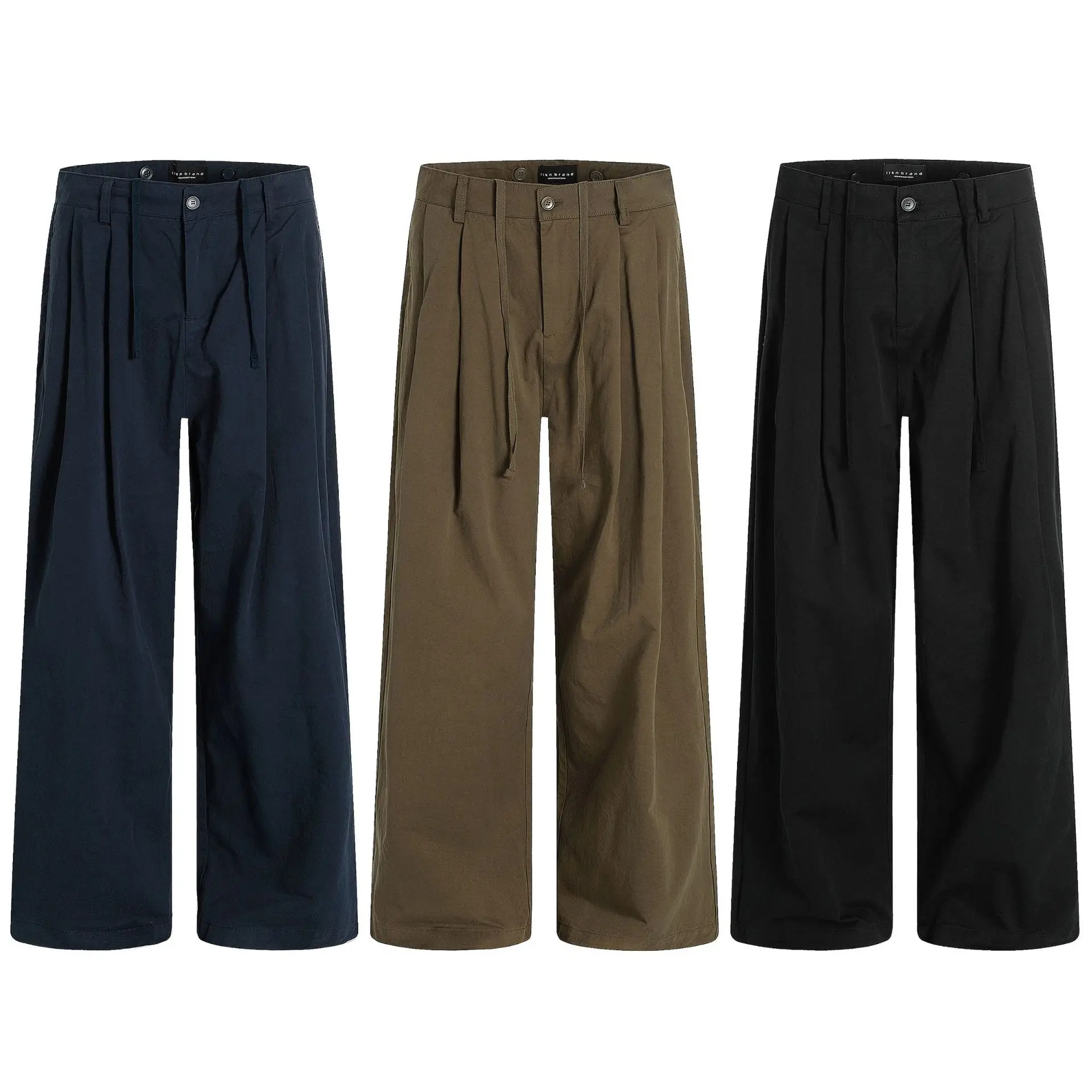 Pleated Vintage American Straight Trousers For Men Women Loose Wide Leg Drawstring Waist Washed Cotton Casual Pants TVJK