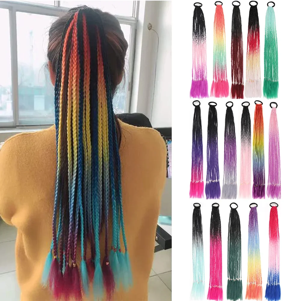 

24inch Rubber Band Crochet Mixed Box Braids Plaited Ponytail Synthetic Gradient Dirty Braided Ponytail Hair Extensions for Kids