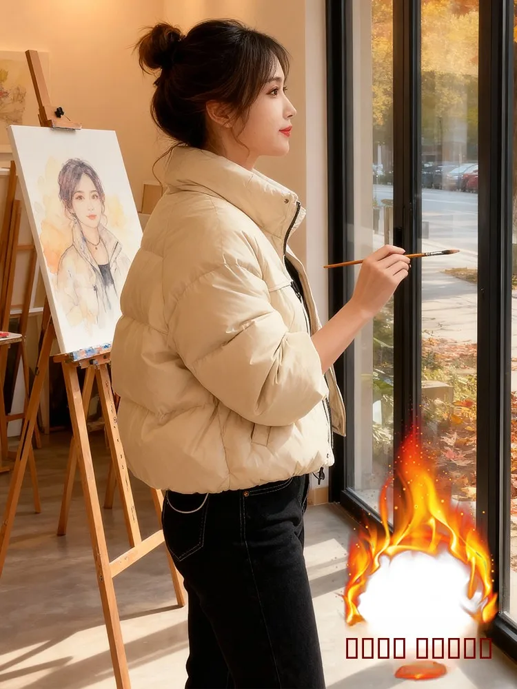 

Ele High Collar down Cotton Jaet Women's Thiened Fce Winter Warm Top Korean Sle Commute Casual Pure Color