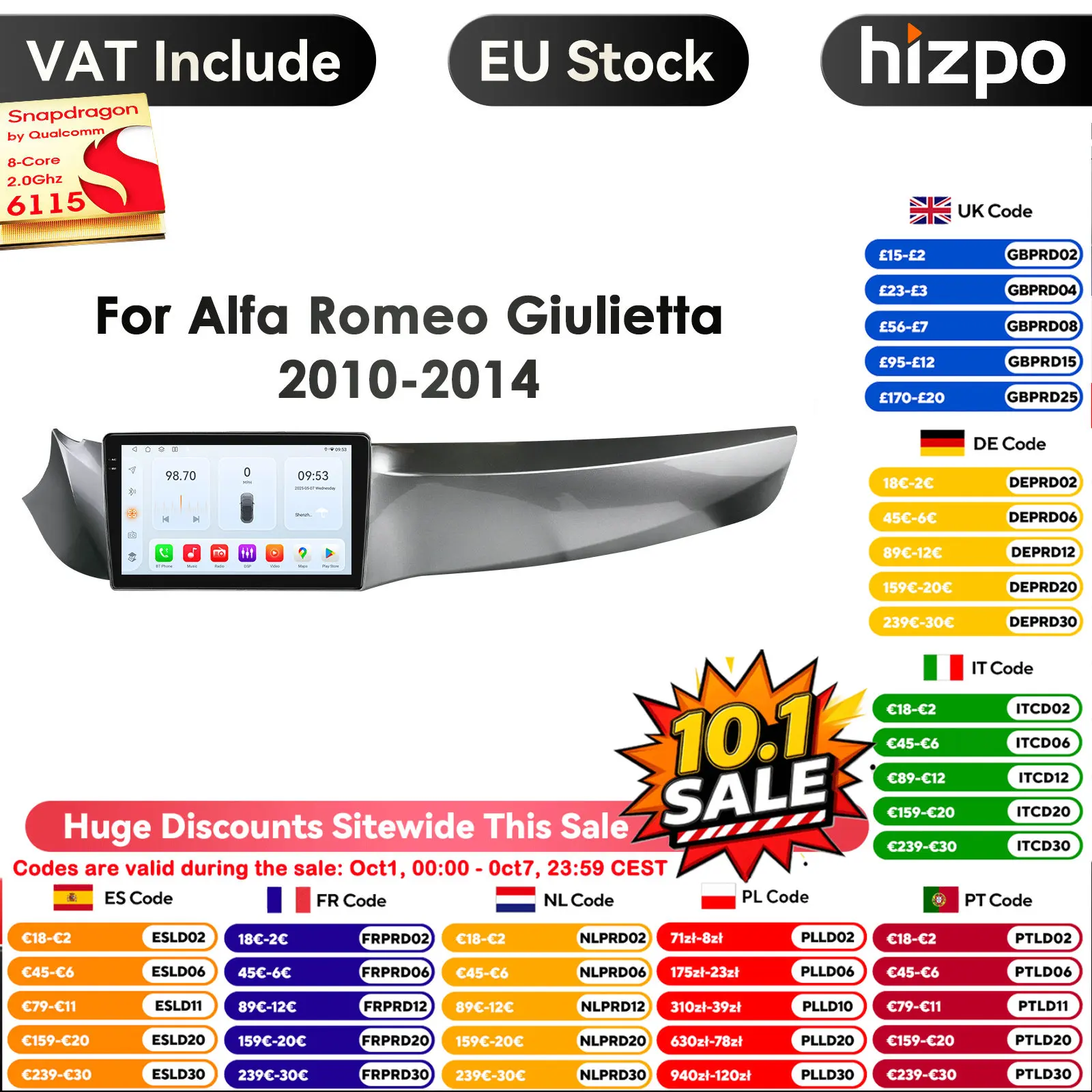 Autoradio Android 14 Carplay 4G 2 Din da 9 pollici per Alfa Romeo Giulietta 2010 - 2014 Furgonato Lettore video multimediale GPS DSP WIFI