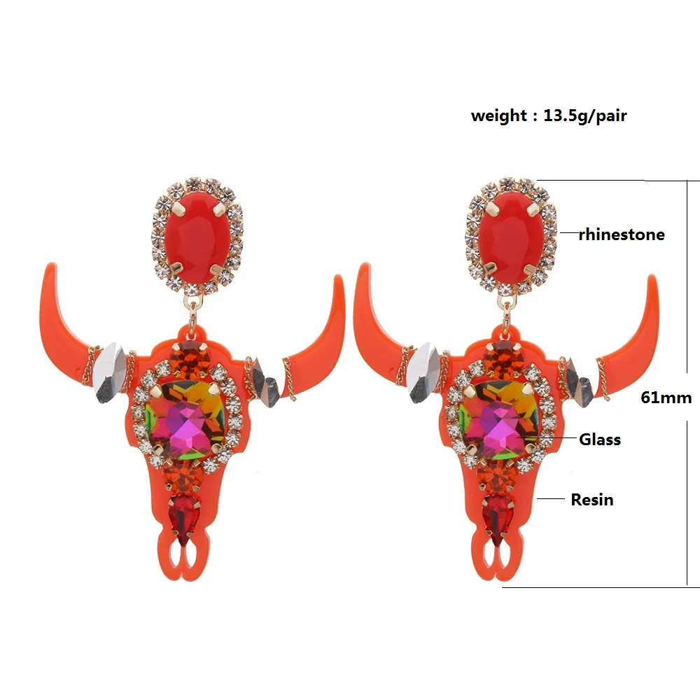 New Gothic Bull Personality Oxhorn Orange Rose Earrings Resin Glass Woman Crystal Large Brinco Ear Oorbellen Wholesale gift