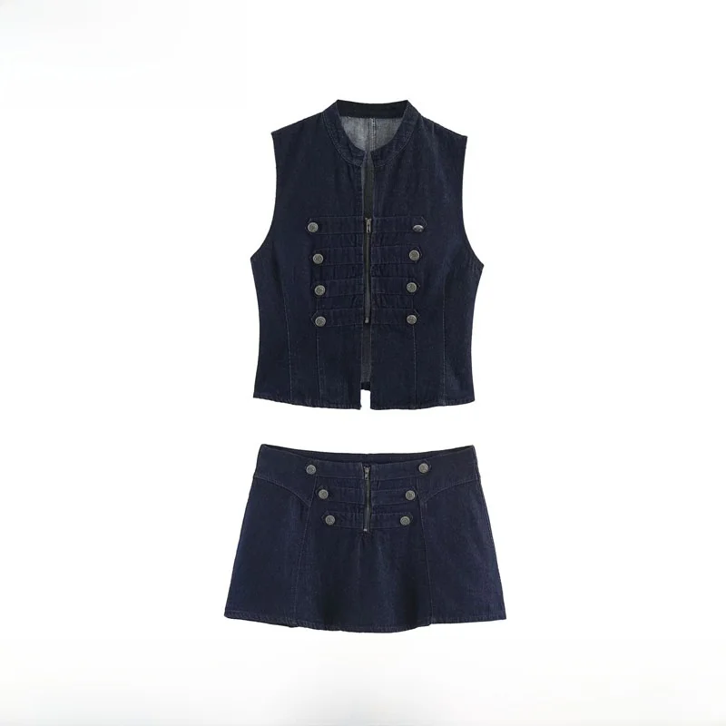 Fashionable Versatile Button up Denim Vest And  Skirt Set Women's Summer New Arrival Clothing Short Sleeve Zipper Closure