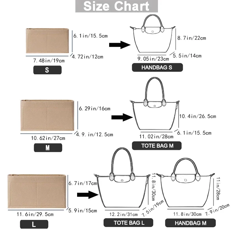 Saco de inserção de feltro organizador modificação atualização acessório para longchamp bolsa de ombro forma fixa grande espaço forro interno