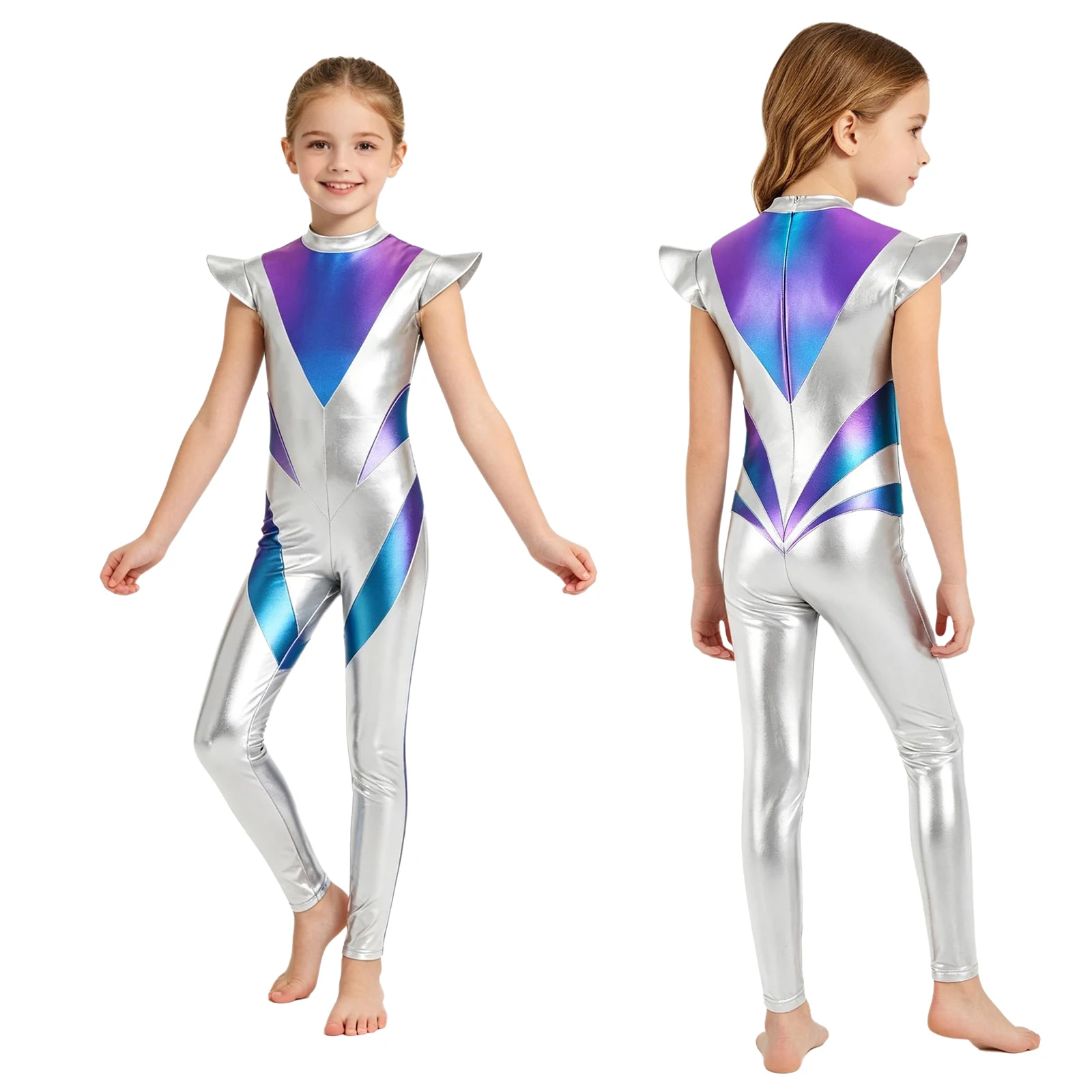 

Children Alien Space Costume Metallic Jumpsuit Mock Neck Fly Sleeve Back Zip Bodysuit Sparkly Sci Fi for Halloween Party Themed