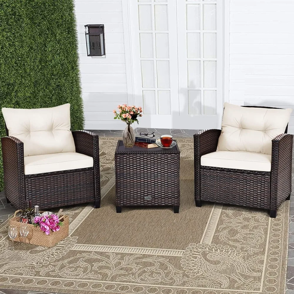 

3-piece terrace furniture set, conversation set, with 2 soft cushioned armchairs and glass tabletop table, outdoor