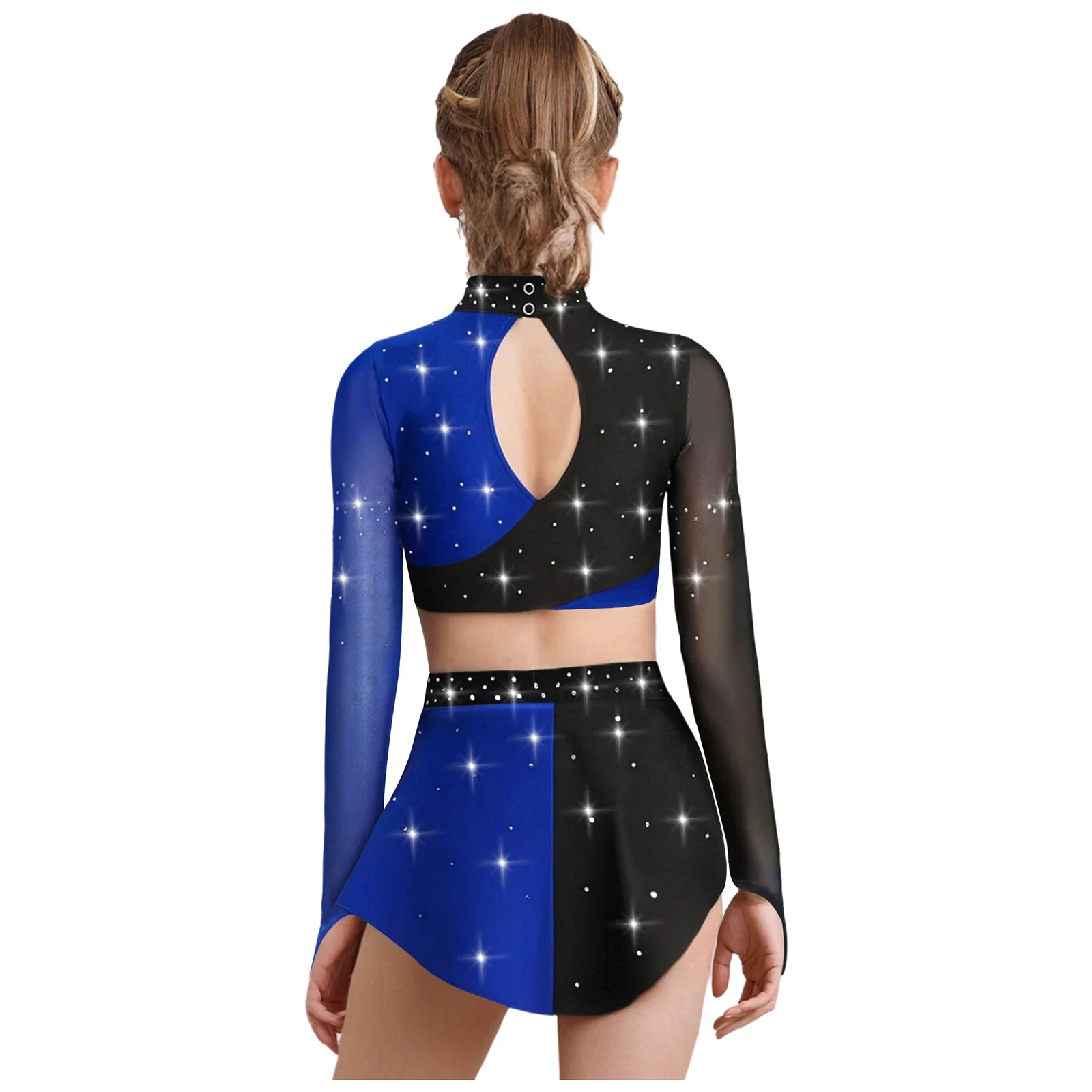 Costume de danse lyrique de Ballet pour enfants filles, maille transparente, manches longues, trou de serrure au dos, haut court avec jupe, tenue de spectacle de Ballet Jazz