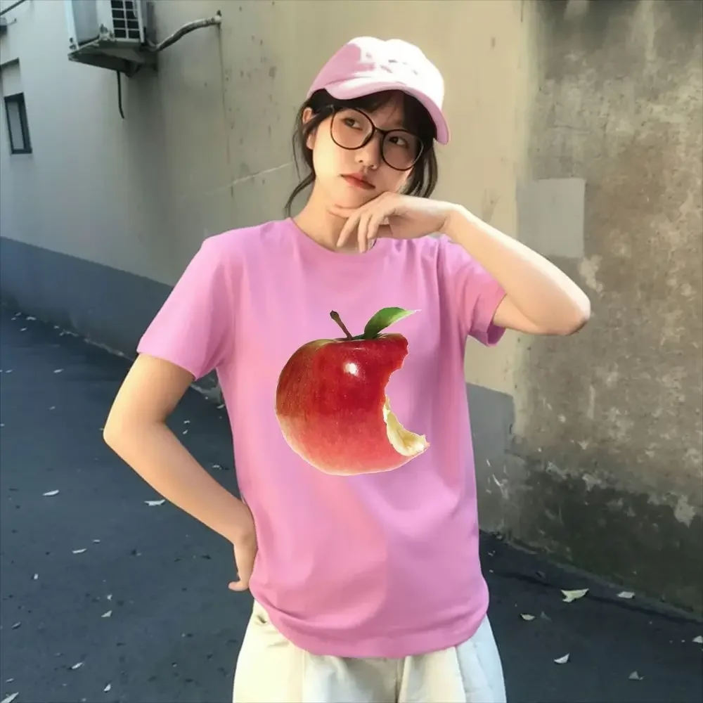 Bitten Red Apple Graphic T-Shirt Women Aesthetics Summer Short Sleeve Fruit Print Vintage Tee Female Casual Fashion Harajuku