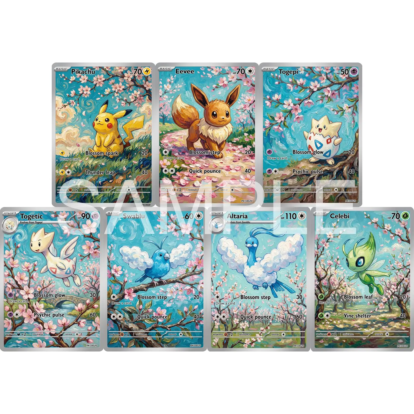 7Pcs PKM Cards PTCG Van Gogh Style Eevee Togepi Togetic Swablu Altaria Celebi Custom Illustrated Art Set Cards PTCG Gift