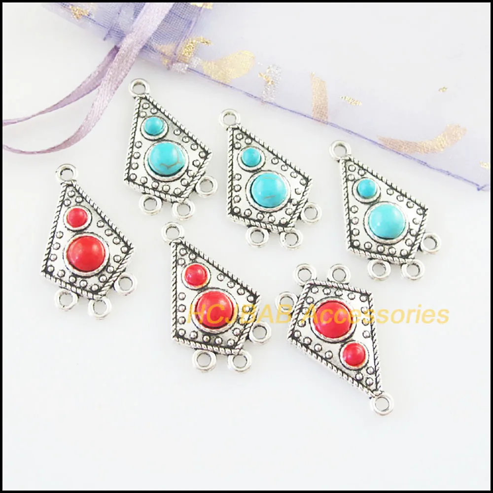 Fashion 10Pcs Retro Tibetan Silver Tone Flower Shield Blue&Red Stone Charms Connectors 17x29.5mm