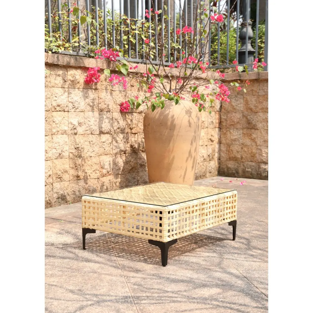 

Outdoor Patio Coffee Table: Tempered Glass Top, Handwoven PE Wicker, Metal Frame, All-Weather