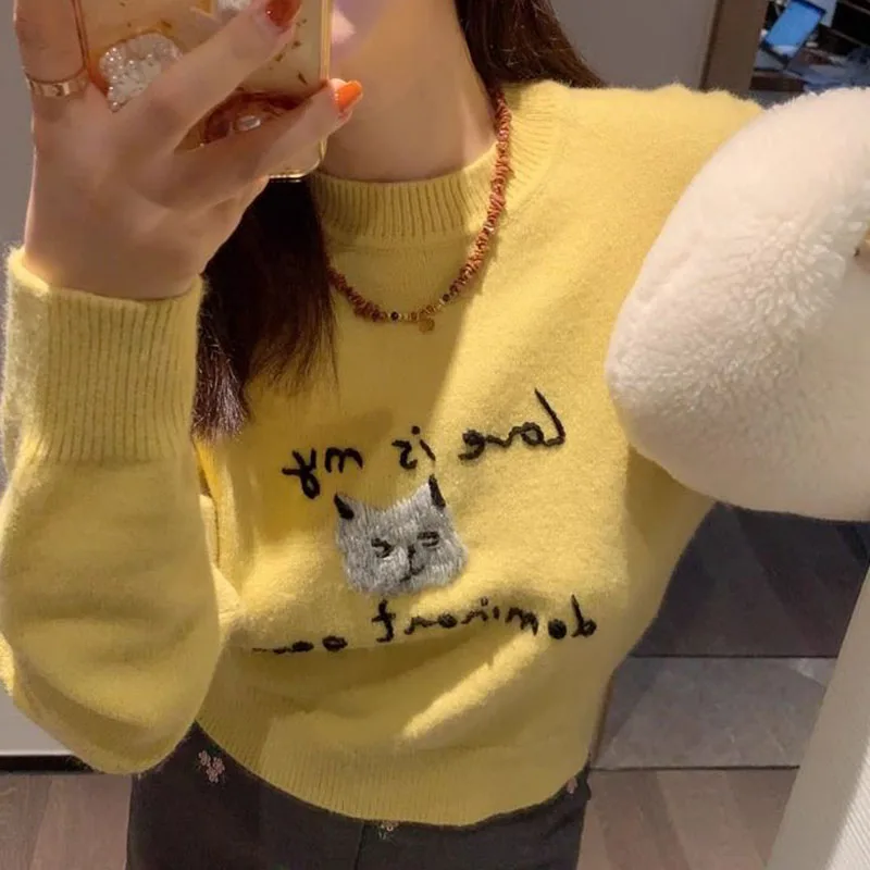 Letter Cartoon Embroidery Knitwear Pullovers Women Autumn O Neck Woman Sweater Korean Casual Soft Knit Jumper Tops Female